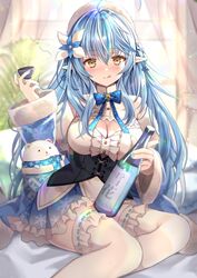  :q ahoge alcohol bad_id bad_twitter_id beret black_corset blue_bow blue_bowtie blue_coat blue_hair blue_nails blue_skirt blush bottle bow bowtie braid breasts buttons center_frills cleavage cleavage_cutout clothing_cutout coat colored_tips commentary corset cup daifuku_(yukihana_lamy) day earrings elf female flower frilled_shirt frilled_skirt frilled_thighhighs frills fur-trimmed_sleeves fur_trim hair_between_eyes hair_flower hair_ornament hair_ribbon half_updo hand_up hat highres holding holding_bottle holding_cup hololive hololive_alternative indoors jewelry large_breasts licking_lips long_hair looking_at_viewer miniskirt multicolored_hair nozomi_fuuten plant pleated_skirt pointy_ears ribbon see-through see-through_skirt shirt sidelocks sitting skirt sleeveless sleeveless_shirt snowflake_print solo streaked_hair sunlight thighhighs tongue tongue_out virtual_youtuber white_hair white_hat white_shirt white_thighhighs yellow_eyes yukihana_lamy yukihana_lamy_(1st_costume) zettai_ryouiki 