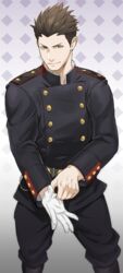  1boy adjusting_clothes adjusting_gloves bara belt black_belt black_hair black_jacket black_pants brown_eyes brown_hair buttons closed_mouth gloves jacket jigoku_meguri looking_at_viewer male_focus military military_uniform pants sengoku_basara short_hair single_glove smile solo spiked_hair tokugawa_ieyasu_(sengoku_basara) uniform white_gloves 