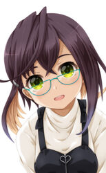  black_dress blue-framed_eyewear blush brown_hair commentary_request dress female fukaiton glasses green_eyes halterneck highres kantai_collection looking_at_viewer multicolored_hair okinami_(kancolle) open_mouth short_hair simple_background smile solo sweater upper_body white_background white_sweater 