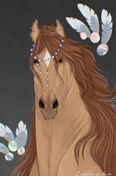  ambiguous_gender brown_eyes digital_media_(artwork) equid equine facial_markings feathers feral gem hair head_markings hi_res horse jewelry mammal markings pearl_(gem) pearl_(wasen) simple_background solo tan_body tan_hair zamch 