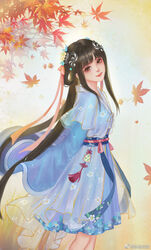  bai_moqing_(xianjian_qixia_zhuan_7) blue_dress branch dress female flower_skirt hair_rings highres leaf long_sleeves maple_leaf ribbon sash see-through shuise_hua_qing smile solo twintails xianjian_qixia_zhuan xianjian_qixia_zhuan_7 