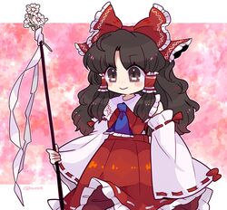  ascot bare_shoulders blue_ascot border bow brown_eyes brown_hair closed_mouth collared_vest commentary_request detached_sleeves female flower frilled_bow frills gohei hair_tubes hairbow hakurei_reimu harunori_(hrnrx) holding long_hair long_sleeves pink_background red_bow red_skirt red_vest ribbon-trimmed_skirt ribbon-trimmed_sleeves ribbon_trim sidelocks skirt smile solo touhou very_long_hair vest wavy_hair white_border white_sleeves wide_sleeves 