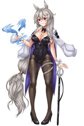  animal_ears ass_visible_through_thighs baeg_mi black_bow black_leotard bow bowtie breasts cape cleavage closed_mouth commentary covered_navel detached_collar female grey_hair hair_ornament high_heels highleg highleg_leotard highres houchi_shoujo jacket jacket_on_shoulders korean_commentary large_breasts leotard long_hair looking_at_viewer low-tied_long_hair magic pantyhose playboy_bunny ponytail rabbit_ears rabbit_hair_ornament red_eyes side_ponytail simple_background smile solo sword thigh_strap thighs very_long_hair weapon white_background white_hair wrist_cuffs 