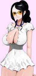  ass_visible_through_thighs black_hair breasts cleavage cleavage_cutout clothing_cutout collarbone commentary_request covered_navel cropped dress female large_breasts light_smile looking_at_viewer nico_robin one_piece orange-tinted_eyewear parted_lips partial_commentary pink_background ponytail senju_(snz0) short_sleeves sidelocks simple_background solo sunglasses swept_bangs thick_thighs thighs tinted_eyewear white_dress 