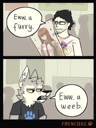  2023 3:4 annoyed anthro body_pillow canid canine canis clothed clothing dakimakura dakimakura_design detailed_background dialogue duo english_text eyewear fangs frenetic_wolf fur glasses grey_body grey_fur hair hi_res human inner_ear_fluff inside male mammal narrowed_eyes open_mouth pillow shirt signature speech_bubble stubble t-shirt teeth text topwear tuft two_panel_image wolf yellow_sclera 