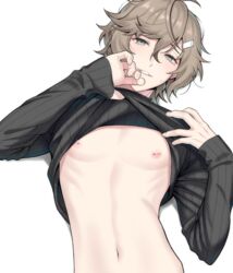  1boy black_jacket brown_hair clothes_lift hair_ornament hairclip jacket kanae_(nijisanji) long_sleeves looking_at_viewer male_focus mole mole_under_eye navel nijisanji nipple_piercing nipples piercing seductive_smile self_exposure shirt_lift simple_background smile solo sparkle toned toned_male virtual_youtuber waniguchi white_background 