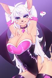  adapted_costume animal_collar animal_ears animal_nose armpits bat_ears bat_girl bat_tail bat_wings blue_eyes blue_eyeshadow breasts cleavage collar covered_navel earrings elbow_gloves eyeshadow female furry furry_female gloves heart highres jewelry leotard makeup rexisminimalis rouge_the_bat solo sonic_(series) spoken_heart strapless strapless_leotard thighhighs white_fur white_hair wings 