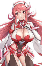  breasts cleavage closed_mouth commentary covered_navel female gloves glowing_lines gonzarez hand_on_own_chest highres kneeling large_breasts long_hair looking_at_viewer low_twintails parted_bangs pyra_(xenoblade) pyra_(xenoblade)_(prototype) red_eyes red_hair revision simple_background smile solo twintails white_background white_gloves xenoblade_chronicles_(series) xenoblade_chronicles_2 