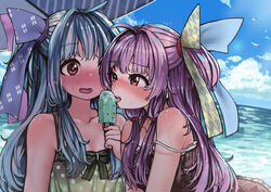  2girls ahoge alternate_hair_color bare_shoulders bird blue_hair blue_sky blush bow brown_dress cloud collarbone day dress food green_bow hair_intakes hair_ornament highres holding holding_food holding_ice_cream ice_cream kotonoha_akane kotonoha_aoi light_blue_hair long_hair microa mint_chocolate motion_lines multiple_girls nose_blush one_side_up open_mouth outdoors polka_dot purple_hair red_eyes seagull siblings sisters sky strap_slip sweat teeth tongue tongue_out voiceroid water 