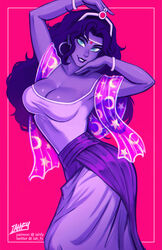  aqua_eyes arm_up artist_name black_hair border bracelet breasts cleavage collarbone commentary crescent_print dark-skinned_female dark_skin earrings esmeralda_(disney) female gypsy highres hoop_earrings iahfy jewelry large_breasts long_hair looking_at_viewer makeup parted_lips patreon_username pink_background shawl simple_background smile solo star_(symbol) star_print the_hunchback_of_notre_dame twitter_username 