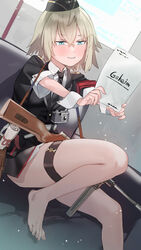  barefoot black_hat black_jacket black_necktie blue_eyes blush brown_hair camera camera_around_neck closed_mouth collared_shirt commentary commission feet female foot_out_of_frame garrison_cap girls&#039;_frontline gun hair_between_eyes hair_ornament hairclip hat highres holding jacket knee_up mp41 mp41_(girls&#039;_frontline) name_connection necktie object_namesake outstretched_arms pixiv_commission shirt short_sleeves sitting smile solo subachi submachine_gun toenails toes weapon white_shirt wrist_cuffs 