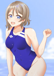  :d ass_visible_through_thighs beach blue_eyes blue_one-piece_swimsuit blue_sky blush breasts breasts_apart clenched_hand cloud collarbone commentary competition_swimsuit covered_navel cowboy_shot day female from_side grey_hair groin hair_between_eyes hand_on_own_thigh hand_up highleg highleg_swimsuit highres horizon leaning_forward looking_at_viewer love_live! love_live!_sunshine!! medium_breasts ocean one-piece_swimsuit open_mouth outdoors parted_bangs sano_souichi short_hair sky smile solo straight_hair swimsuit teeth thighs upper_teeth_only watanabe_you water wet wet_clothes wet_swimsuit wide_hips 