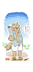  2020 anthro beach black_nose brown_body brown_fur canid canine canis clothing domestic_dog eyewear footwear fur glasses hi_res humanoid_hands japanese_text kemono male mammal nekodon_san outside sandals seaside solo swimwear text 