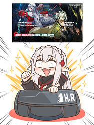  :d arknights bag black_dress blush braid character_name commentary copyright_name crown_braid dress duffel_bag emphasis_lines english_commentary fangs female grey_hair guin_guin hair_ornament hand_up kal&#039;tsit_(arknights) kono_dio_da_(meme) long_hair looking_at_viewer meme official_alternate_costume pointing pointing_at_self pointy_ears recruitment_bag_(arknights) skadi_(arknights) skadi_the_corrupting_heart_(arknights) smile solo sparkle star_(symbol) very_long_hair warfarin_(arknights) white_background 