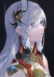  black_background buri_(retty9349) chromatic_aberration close-up commentary female from_side genshin_impact grey_hair hair_ornament highres long_hair open_mouth protected_link purple_eyes shenhe_(genshin_impact) simple_background solo upper_body 