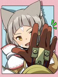  1boy animal_ears border brown_eyes brown_gloves cat_ears facial_mark fangs female gloves grey_hair hand_to_hand highena highres looking_at_viewer nia_(xenoblade) outstretched_hand pink_border pov rex_(xenoblade) short_hair smile upper_body whisker_markings xenoblade_chronicles_(series) xenoblade_chronicles_2 