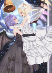  2girls alternate_costume alternate_headwear arm_rest bare_shoulders bat_wings bell black_dress black_flower black_gloves black_rose blonde_hair closed_mouth commentary dress elbow_gloves eye_contact fang_out feet_out_of_frame flandre_scarlet flower from_side full_moon gloves hair_flower hair_ornament hair_ribbon head_tilt highres incest lifting_person looking_at_another looking_down looking_up moon multiple_girls night night_sky oerba_yun_fang one_side_up open_mouth petals profile purple_hair red_eyes remilia_scarlet remitei03 ribbon rose short_hair sky smile standing star_(sky) starry_sky strapless strapless_dress tiara touhou veil wedding_dress white_flower white_gloves white_rose wife_and_wife wings yuri 