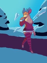  absurd_res anthro ass big_breasts blue_eyes breasts cleavage clothed clothing deer digital_media_(artwork) female fur hi_res hooves ice legwear magic magic_user mammal new_world_deer nokamiwd reindeer smile solo stockings them&#039;s_fightin&#039;_herds thick_thighs tuft velvet_reindeer_(tfh) wide_hips 