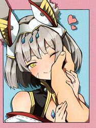  1boy animal_ears blush border cat_ears chest_jewel ear_covers facial_mark female grey_hair hand_on_another&#039;s_face head_tilt highena highres holding_another&#039;s_arm jewelry nia_(xenoblade) one_eye_closed pink_border pov rex_(xenoblade) ring short_hair smile upper_body whisker_markings xenoblade_chronicles_(series) xenoblade_chronicles_3 yellow_eyes 