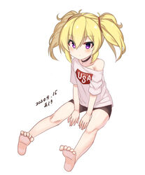  aged_down araki_(qbthgry) artist_name bare_shoulders barefoot between_legs bike_shorts black_choker black_shorts blonde_hair choker coco_kaine collarbone commentary_request dated duplicate female full_body hair_between_eyes hand_between_legs hololive off_shoulder pixel-perfect_duplicate purple_eyes shirt short_shorts shorts sidelocks simple_background sitting soles solo twintails virtual_youtuber white_background white_shirt 