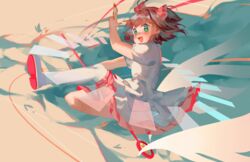  blush brown_hair card cardcaptor_sakura clow_card commentary_request dress female flying green_eyes happy kinomoto_sakura magical_girl open_mouth pixiescout solo white_dress white_footwear wings 