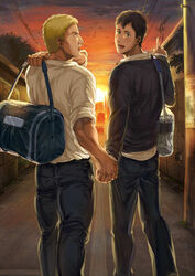  2boys alternate_universe ass bag bertolt_hoover black_hair blonde_hair blush casual couple dark-skinned_male dark_skin denim feet_out_of_frame handbag holding_hands jeans male_focus multiple_boys pants reiner_braun shingeki_no_kyojin shirt short_hair sleeves_rolled_up smile sunset white_shirt yaoi zyunya 