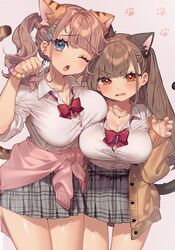  2girls animal_ears bare_legs blue_eyes blush breasts brown_eyes brown_hair cat_day character_request chibi_kyonyuu cleavage clothes_around_waist collarbone cowboy_shot furrowed_brow gyaru high-waist_skirt highres kodama_(sakura_yuki) large_breasts long_hair looking_at_viewer medium_hair miniskirt multiple_girls one_eye_closed open_mouth paw_pose sakura_yuki_(clochette) shirt shirt_around_waist skirt straight_hair tail thigh_gap thighs 