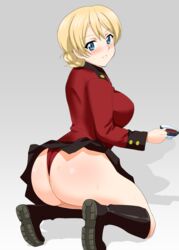  absurdres ass bad_id bad_pixiv_id black_footwear black_skirt blonde_hair blue_eyes blush boots braid breasts cup darjeeling_(girls_und_panzer) female french_braid girls_und_panzer grey_background highres large_breasts looking_at_viewer microskirt military military_uniform panties pleated_skirt red_panties shiny_skin simple_background skirt solo st._gloriana&#039;s_military_uniform sweat tea teacup underwear uniform yasuoextuuuuuu 