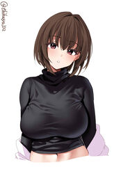  black_sweater blush breasts brown_eyes brown_hair cropped_torso ebifurya female hair_intakes highres hyuuga_(kancolle) kantai_collection large_breasts long_sleeves looking_at_viewer navel one-hour_drawing_challenge parted_lips short_hair simple_background solo sweater turtleneck turtleneck_sweater twitter_username upper_body white_background 