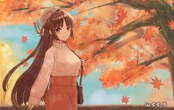  alternate_costume artist_name autumn_leaves bag black_hair blush closed_mouth commission female grey_hat hair_ribbon hat hiyou_(kancolle) kantai_collection leaf long_hair long_sleeves looking_at_viewer maple_leaf maple_tree outdoors red_eyes red_skirt ribbon shoulder_bag skeb_commission skirt smile solo sweater tree upper_body white_ribbon white_sweater wss_(nicoseiga19993411) 