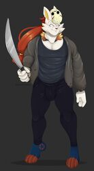  5_fingers anthro black_background cinderace clothing costume fingers generation_8_pokemon halloween halloween_costume hazby_o&#039;neil hi_res holidays jacket machete male mask melee_weapon muscular muscular_male nintendo notched_ear pokemon pokemon_(species) shirt simple_background snackcracker solo topwear weapon white_body 