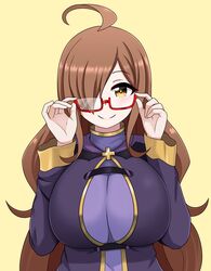  adjusting_eyewear ahoge bespectacled breasts brown_hair cross female glasses hair_over_one_eye highres huge_breasts kono_subarashii_sekai_ni_shukufuku_wo! large_breasts looking_at_viewer simple_background smile the_only_shoe wiz_(konosuba) yellow_eyes 