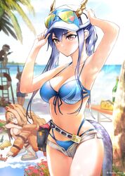  1boy 3girls adjusting_clothes adjusting_headwear amiya_(arknights) animal_ears arknights armpits bare_shoulders beach bikini blue_bikini blue_hair blurry blurry_background blush breasts ceobe_(arknights) ceobe_(summer_flowers)_(arknights) ch&#039;en_(arknights) ch&#039;en_the_holungday_(arknights) ch&#039;en_the_holungday_(elite_ii)_(arknights) closed_mouth collarbone commentary_request cowboy_shot crab day dog_ears dog_girl dragon_girl dragon_horns dragon_tail eyewear_on_headwear female_tourist_a_(arknights) front-tie_bikini_top front-tie_top full_body grey_shorts hair_between_eyes highres horns horns_through_headwear jaye_(arknights) jaye_(beach_guard)_(arknights) lifeguard lifeguard_chair long_hair micro_shorts multiple_girls official_alternate_costume open_clothes open_mouth open_shorts orange_hair outdoors palm_tree red_eyes red_shirt rhodes_island_logo_(arknights) shirt shorts smile stomach swimsuit tail thighs tree visor_cap yokaze_(yokajie) 