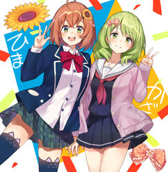  2girls ahoge black_legwear black_skirt flower green_hair hair_flower hair_ornament highres honma_himawari honma_himawari_(1st_costume) kakutasu looking_at_viewer morinaka_kazaki morinaka_kazaki_(4th_costume) multiple_girls neck_ribbon nijisanji open_mouth orange_hair parted_lips pleated_skirt red_ribbon ribbon sailor_collar school_uniform skirt sunflower sunflower_hair_ornament thighhighs v virtual_youtuber 