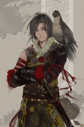  1boy absurdres animal_on_shoulder baboon_(artist) banner bead_necklace beads belt bird bird_on_shoulder bracer closed_mouth commentary cowboy_shot crossed_arms english_commentary falcon fantasy filigree final_fantasy final_fantasy_xiv fur_collar girdle gourd grey_background grey_eyes highres jewelry katana long_hair looking_to_the_side male_focus necklace red_ribbon ribbon samurai samurai_(final_fantasy) sheath sheathed solo sword tassel tsurime vambraces warrior_of_light_(ff14) weapon 