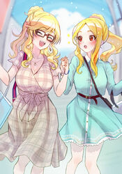  2girls :d :o bad_id bad_pixiv_id blonde_hair blue_dress blue_sky blush breasts cleavage closed_eyes closed_mouth commentary_request dress earrings fujima_(k114) grey_dress highres holding_hands idolmaster idolmaster_cinderella_girls jewelry large_breasts looking_at_another mochizuki_hijiri multiple_girls ohtsuki_yui plaid plaid_dress ponytail red_eyes sky smile 