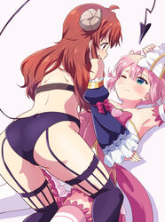  2girls ahoge armpits ass back blue_eyes blush brown_hair chiyoda_momo commentary_request cowgirl_position crisis_management_form_(machimazo) demon_girl demon_horns demon_tail dress eye_contact food fruit garter_straps highres horns long_hair looking_at_another lying machikado_mazoku magical_girl medium_hair mukaibi_aoi multiple_girls oerba_yun_fang on_back one_eye_closed panties peach pink_hair revealing_clothes simple_background skin_fang smile tail thighhighs thighs underwear white_background yellow_eyes yoshida_yuuko_(machikado_mazoku) yuri 