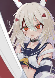  alternate_hairstyle ayanami_(azur_lane) ayanami_(retrofit)_(azur_lane) azur_lane bad_id bad_pixiv_id belt blood blood_from_mouth blurry breasts bruise choker collarbone commentary cuts depth_of_field detached_sleeves female fighting_stance greatsword grey_eyes hair_between_eyes hair_down hair_ornament hairclip headgear highres injury long_hair looking_at_viewer midriff orange_eyes oruk parted_lips school_uniform serafuku sidelocks simple_background solo sweatdrop sword translated underboob upper_body v-shaped_eyebrows weapon 