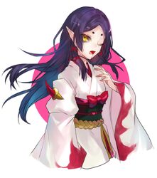  black_kimono black_sclera blood blood_from_mouth bow colored_sclera cowboy_shot eyelashes female flame_print hand_up highres japanese_clothes kimono kohina27831 kyuuketsu_hime long_hair looking_at_viewer obi one_eye_closed onmyoji open_mouth parted_bangs pink_background pointy_ears purple_hair sash simple_background solo tied_hair white_background wide_sleeves yellow_eyes 