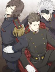  3boys armchair bara belt black_belt black_hair black_jacket black_pants blue_eyes brown_eyes brown_hair buttons chair chousokabe_motochika_(sengoku_basara) closed_mouth crossed_legs date_masamune_(sengoku_basara) eyepatch gloves hand_on_own_hip jacket jigoku_meguri looking_at_viewer male_focus messy_hair military military_uniform multiple_boys on_chair one_eye_covered pants red_eyes sengoku_basara sitting smile spiked_hair teeth tokugawa_ieyasu_(sengoku_basara) uniform white_gloves white_hair 