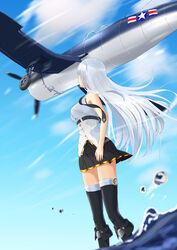  aircraft azur_lane black_necktie black_skirt black_thighhighs blue_sky enterprise_(azur_lane) f4u_corsair female from_below gold_trim highres lam_b long_hair looking_up miniskirt necktie pleated_skirt shirt skirt sky sleeveless sleeveless_shirt solo standing thighhighs white_hair white_shirt zettai_ryouiki 