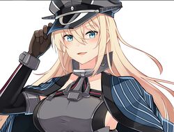  anchor aqua_eyes armor bismarck_(kancolle) blonde_hair blue_eyes breastplate breasts brown_gloves female gloves hanten_(clothes) hat highres ido_(teketeke) japanese_clothes kantai_collection kimono kriegsmarine large_breasts long_hair military military_uniform peaked_cap sideboob solo uniform upper_body white_background 