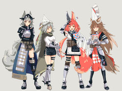  4girls :d animal_ears arknights armor armored_boots ashlock_(arknights) black_footwear black_skirt blue_skirt boots brown_cape brown_eyes cape ear_covers ear_tag ears_through_headwear fartooth_(arknights) feather_hair flametail_(arknights) full_body gambeson gauntlets grey_background grey_hair hair_between_eyes harami_(hara_333) horse_girl horse_tail long_hair looking_at_viewer material_growth multiple_girls open_mouth oripathy_lesion_(arknights) own_hands_together red_eyes red_hair shirt short_hair simple_background skirt smile squirrel_ears squirrel_tail tail teeth thigh_strap upper_teeth_only v-shaped_eyebrows visor_(armor) visor_lift w white_shirt wild_mane_(arknights) yellow_eyes 