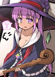  ? blush breasts cleavage collarbone downblouse female hat kazairo_kotone large_breasts long_hair looking_at_viewer open_mouth pink_hair ponytail purple_eyes rpg_fudousan shiny_skin solo staff tsuzuri_(tuzuri) witch_hat 