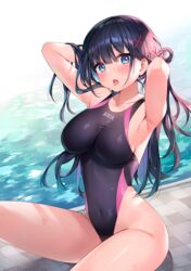  :o armpits arms_behind_head arms_up ayamy bare_arms bare_shoulders black_hair black_one-piece_swimsuit blue_eyes breasts competition_swimsuit covered_navel female hair_ornament highleg highleg_swimsuit highres large_breasts long_hair looking_at_viewer miyawaki_sana multicolored_hair one-piece_swimsuit open_mouth original poolside sitting solo swimsuit thighs tongue tongue_out two-tone_hair water wet x_hair_ornament 