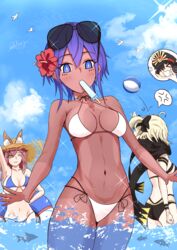  3girls ;3 anger_vein animal_ears armpits ass bekutoru_z bikini bird black_bikini blue_bikini blue_sky blush breasts chibi chibi_inset cloud commentary dark-skinned_female dark_skin day eyewear_on_head fate/extra fate/grand_order fate/prototype fate/prototype:_fragments_of_blue_and_silver fate_(series) fish flower food fox_ears hair_flower hair_ornament hassan_of_serenity_(fate) hat hibiscus highres innertube long_hair looking_at_viewer multiple_girls navel oda_nobunaga_(fate) oda_nobunaga_(koha-ace) okita_j._souji_(fate) okita_j._souji_(first_ascension)_(fate) okita_souji_(fate) one_eye_closed pink_hair popsicle purple_eyes purple_hair red_flower scar seagull sky spoken_anger_vein spoken_character straw_hat sunglasses swim_ring swimsuit tamamo_(fate) tamamo_no_mae_(swimsuit_lancer)_(fate) wading white_bikini yellow_eyes 