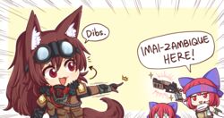  +_+ 2girls ^^^ alternate_costume animal_ear_fluff animal_ears apex_legends arm_up arrow_(symbol) bloodhound_(apex_legends) bloodhound_(apex_legends)_(cosplay) bow brown_gloves brown_hair cosplay disembodied_head emphasis_lines english_commentary english_text gloves goggles goggles_on_head gun hair_between_eyes hairbow headband headset imaizumi_kagerou lifeline_(apex_legends) lifeline_(apex_legends)_(cosplay) long_hair looking_at_another meme mozambique_here_(meme) multiple_girls pointing red_eyes red_hair respirator sa-3_mozambique sekibanki short_hair simple_background tactical_clothes tail touhou weapon wolf_ears wolf_tail wool_(miwol) yellow_background 