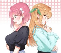  2girls :d aqua_shirt back-to-back black_shirt blush breasts brown_eyes brown_hair casual e_(eokiba) from_side green_eyes green_ribbons hair_ribbon hanazono_hakari hand_on_own_cheek hand_on_own_elbow hand_on_own_face highres inda_karane kimi_no_koto_ga_dai_dai_dai_dai_daisuki_na_100-nin_no_kanojo long_hair multiple_girls open_mouth pink_hair playing_with_own_hair polka_dot polka_dot_background profile ribbon shirt short_hair sidelocks smile sweatdrop upper_body 