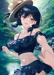  1other :d asanagi_umi bare_shoulders bikini bikini_skirt black_bikini black_hair blush breasts brown_headwear class_de_2-banme_ni_kawaii_onnanoko_to_tomodachi_ni_natta collarbone commentary_request cover cover_page day female hair_between_eyes hat hat_ribbon highres holding_hands hyuuga_azuri kadokawa looking_at_viewer low_twintails medium_breasts navel novel_cover off-shoulder_bikini off_shoulder open_mouth out_of_frame outdoors pleated_skirt polka_dot polka_dot_bikini pond pov pov_hands pulling red_eyes ribbon rock short_twintails skirt smile solo_focus swimsuit tree twintails unworn_hat unworn_headwear water 