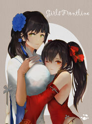  2girls absurdres baboon_(artist) beige_background between_breasts bow breasts bridal_gauntlets brown_hair china_dress chinese_clothes chinese_commentary closed_mouth commentary copyright_name detached_sleeves dress earrings flower girls&#039;_frontline green_eyes hair_flower hair_ornament hairbow head_between_breasts high_ponytail highres hug huge_breasts jewelry knot mole mole_under_eye multiple_girls official_alternate_costume one_eye_closed panties paw_print red_bow red_dress red_eyes side-tie_panties size_difference sleeveless sleeveless_dress stud_earrings texture type_95_(girls&#039;_frontline) type_95_(narcissus)_(girls&#039;_frontline) type_97_(girls&#039;_frontline) type_97_(peony)_(girls&#039;_frontline) underwear white_background yuri 